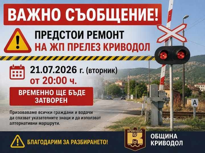 Авариен ремонт ограничава движението през ж.п. прелеза в Криводол