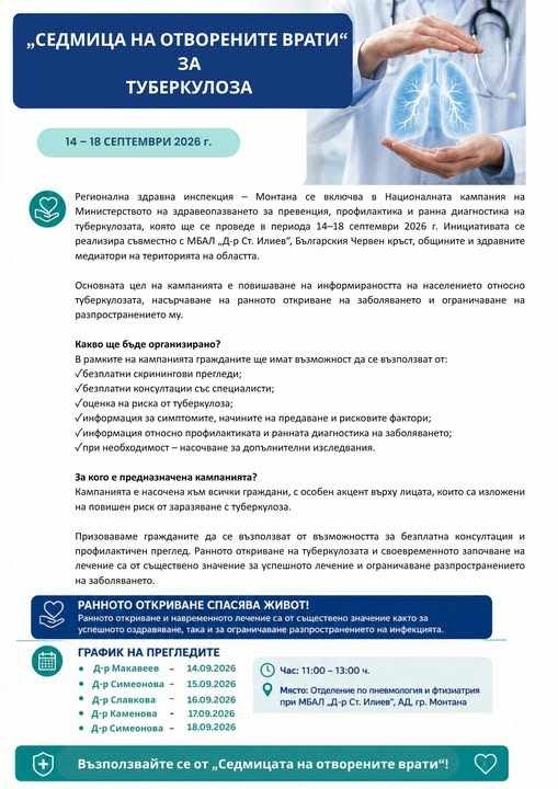 Безплатни прегледи и консултации за туберкулоза в Монтана