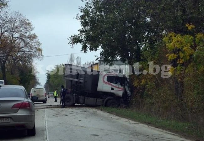 Камион помете три коли и се заби в дърво
