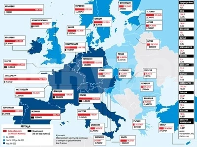 България с най-малко болни от COVID-19 в ЕС - 10,15 на 100 000 души население (карта)