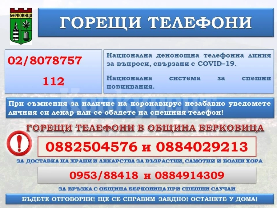 Община Берковица обяви горещи телефони за доставка на храни и медикаменти за нуждаещите се