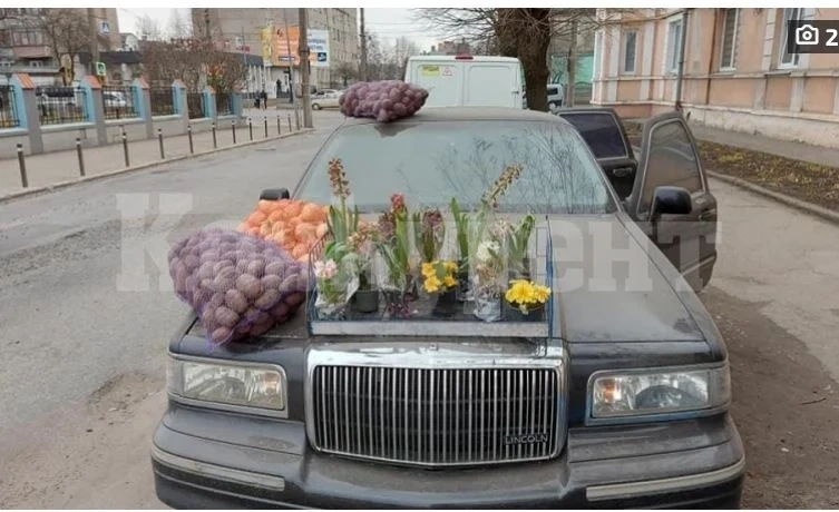 Пълен шаш: Мъж продава лук и картофи на капака на лимузина Lincoln