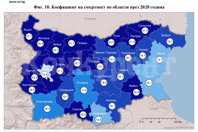 В областите  Видин и Монтана е отчетена най-високата смъртност
