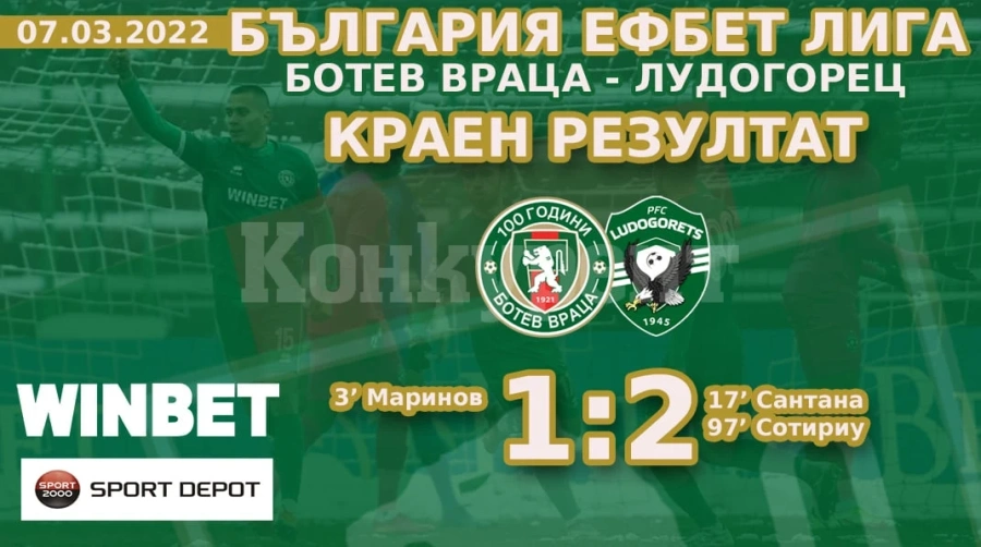 Ботев загуби от Лудогорец с гол в 97-та мин. при 6-минутно продължение