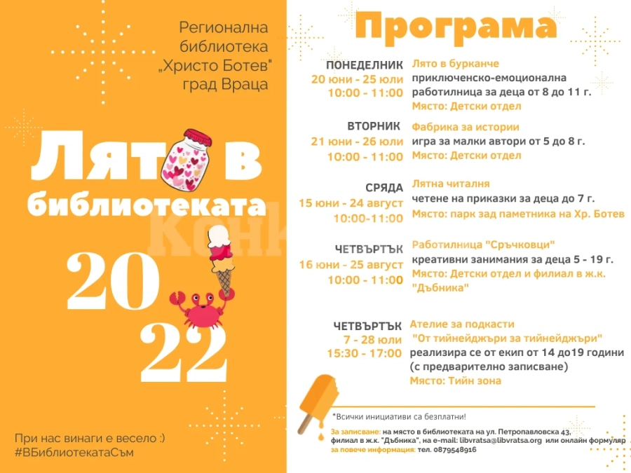 Регионална библиотека „Христо Ботев” организира подкаст за тийнейджъри, ателие за емоции и творчески работилници за мечтатели в „Лято в библиотеката“ 2022
