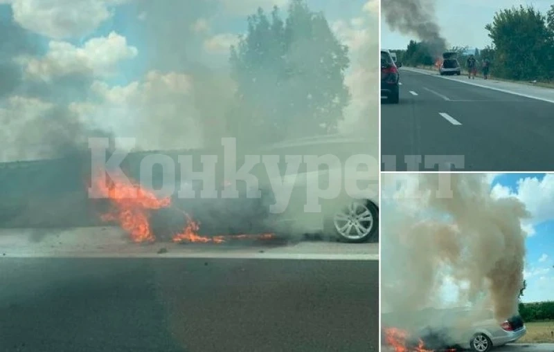 Мерцедес се запали на „Хемус“! Гъст дим пречи на шофьорите СНИМКИ