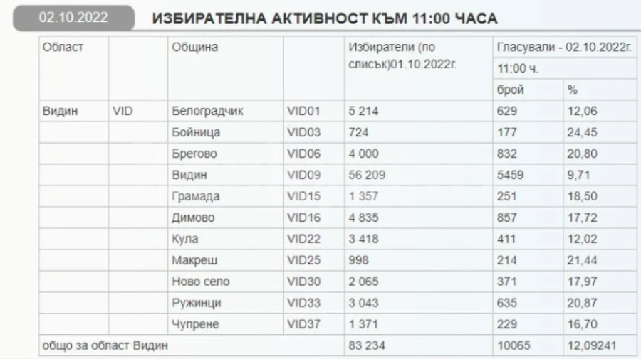 Към 11 часа: над 12 % активност в област Видин, най-малко са гласувалите в община Видин