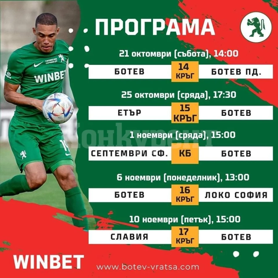 Спуснаха поредната порция дати и часове за мачовете на Ботев