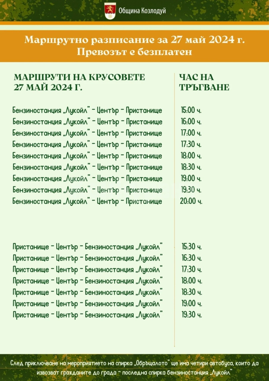 Безплатен градски транспорт очаква днес гражданите и гостите на Община Козлодуй