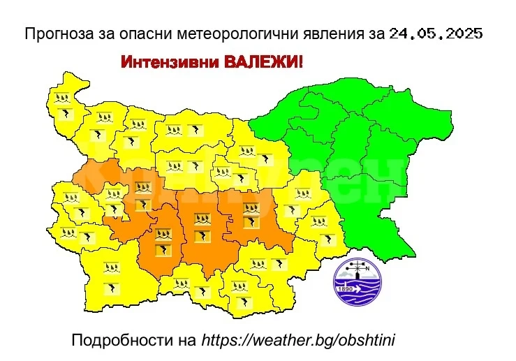 Опасно време: Жълт код за гръмотевични бури и валежи