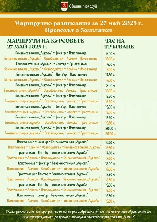 Община Козлодуй осигурява безплатен градски транспорт на 27 май