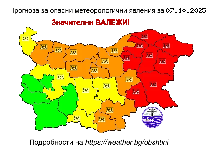 Опасно време: Червен, оранжев и жълт код във вторник