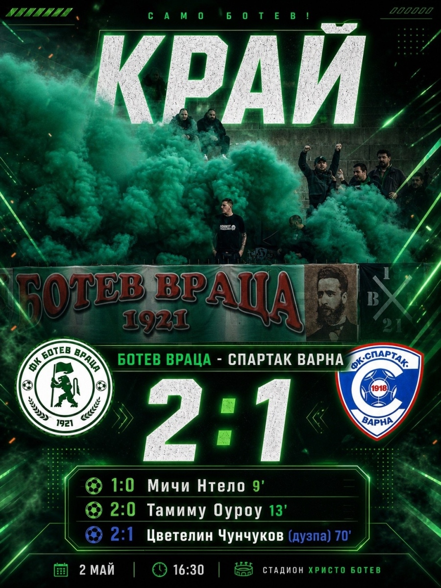 Ботев Враца взе три точки срещу Спартак Варна