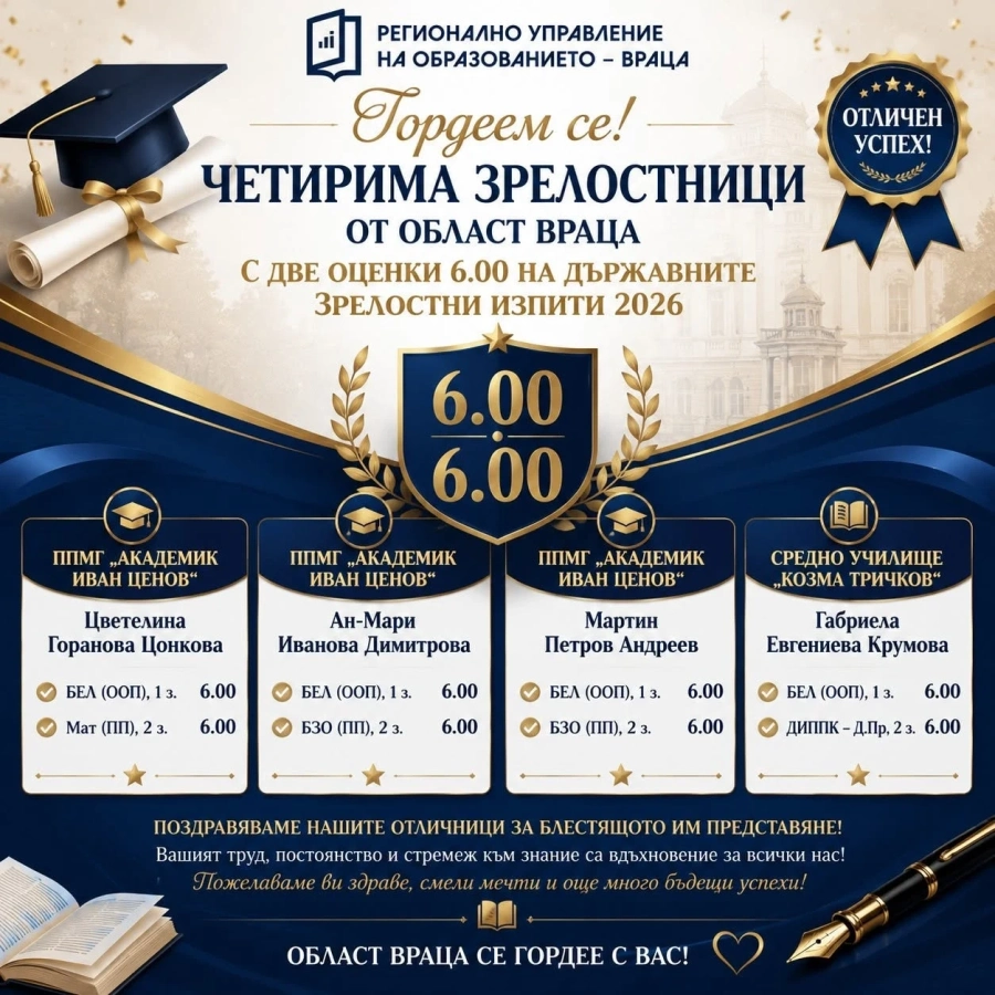 Четирима ученици от Враца с пълни шестици на двата държавни изпита